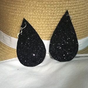 Black Glitter leather earrings w/ silver hardware
